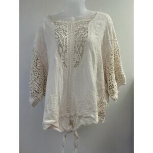 Democracy Womens Blouse Small Ivory Lace Crochet Boho Sheer Peasant TopTie Front